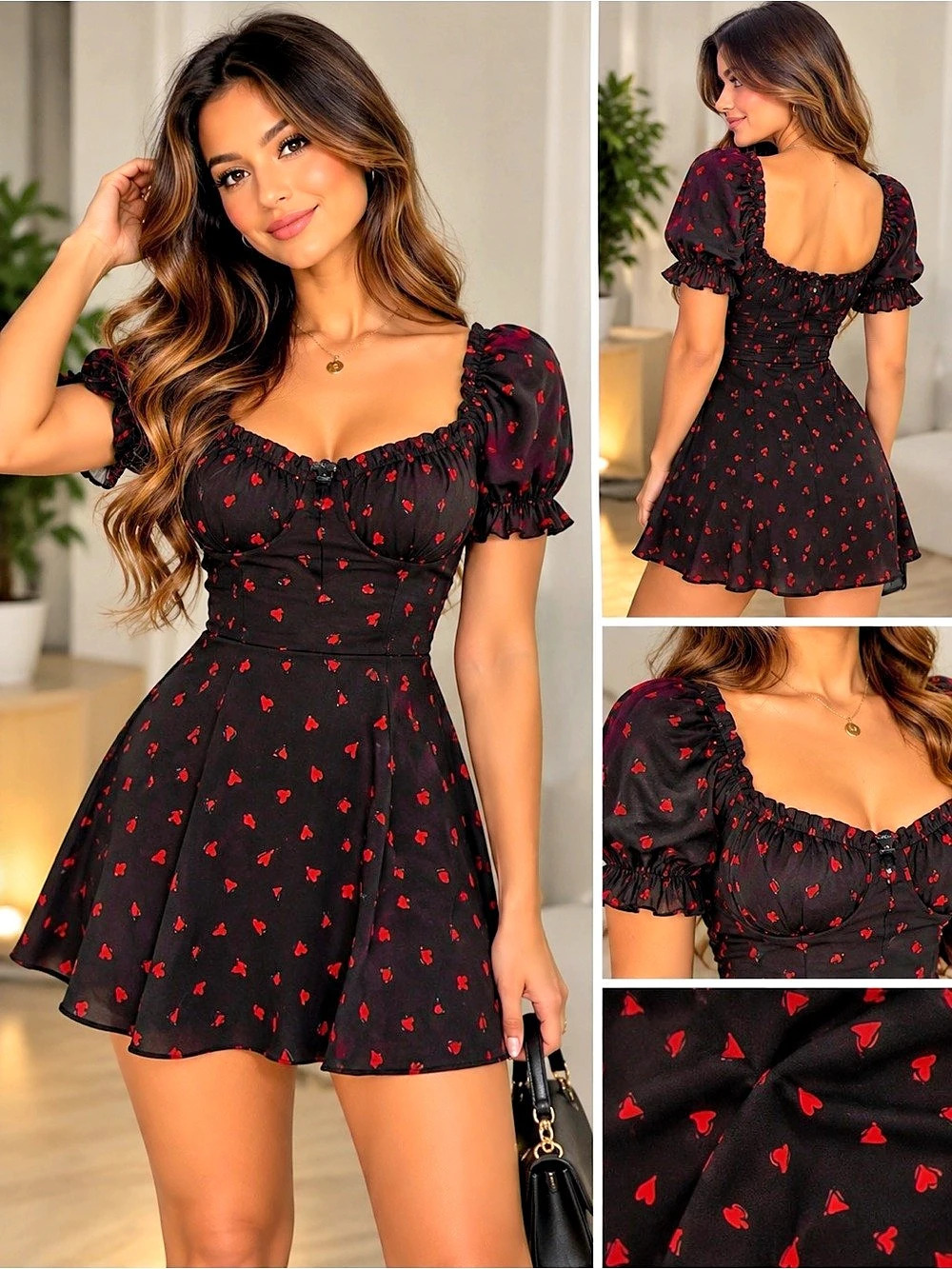 Floral Puff Sleeve Mini Dress in Black & Red Like New